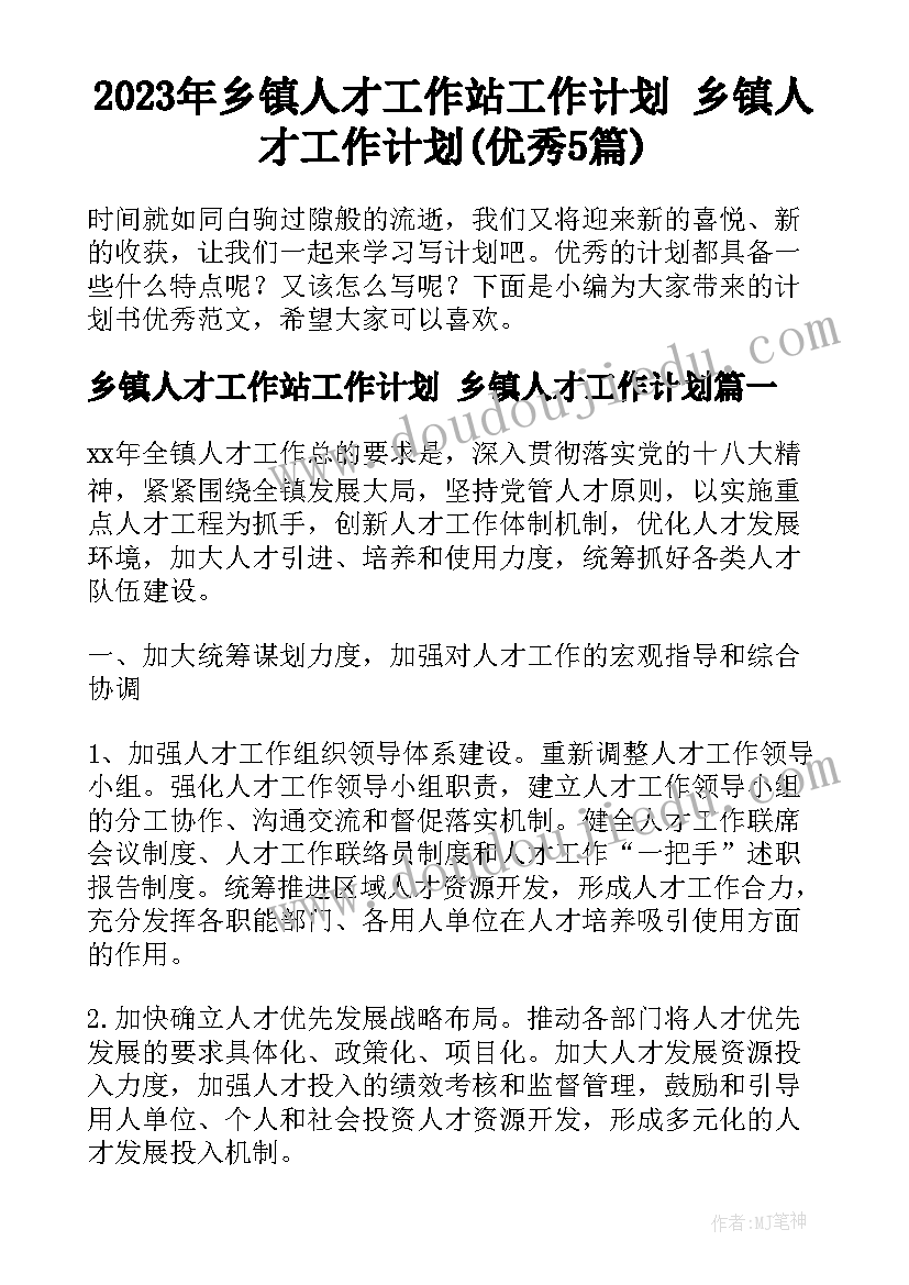 2023年乡镇人才工作站工作计划 乡镇人才工作计划(优秀5篇)