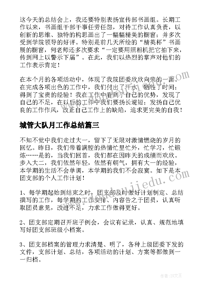 城管大队月工作总结(优质10篇)