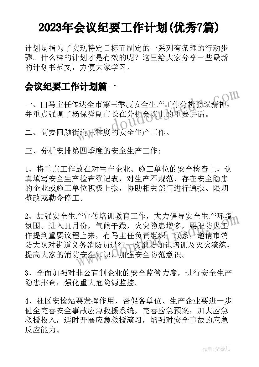 2023年会议纪要工作计划(优秀7篇)