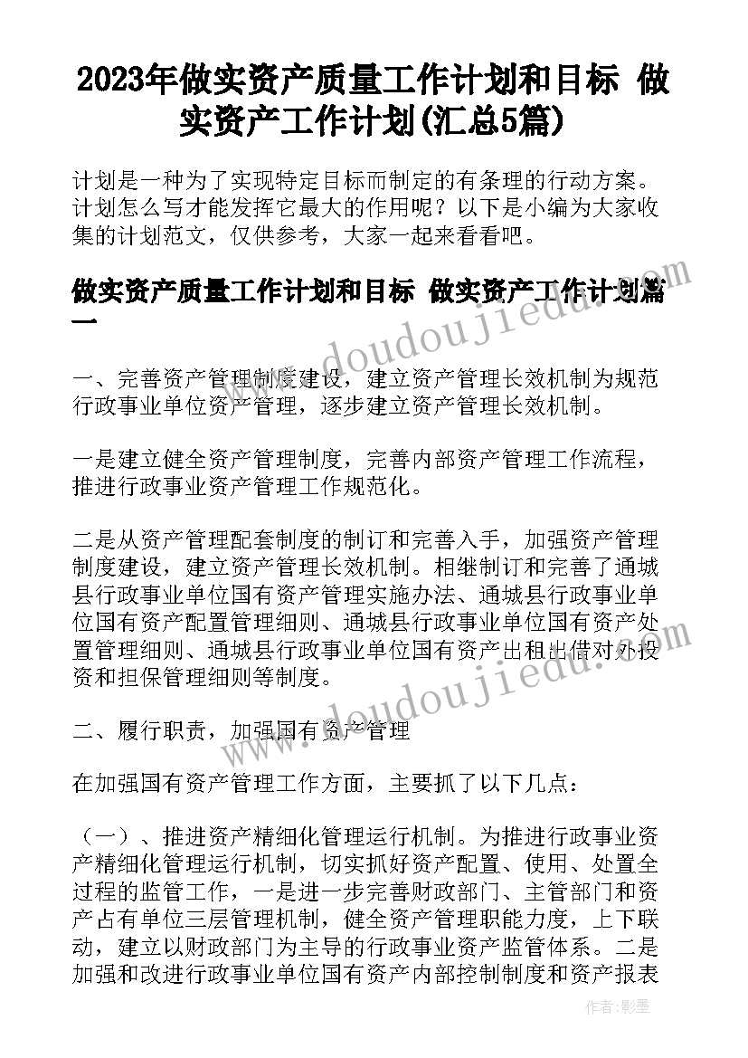 2023年做实资产质量工作计划和目标 做实资产工作计划(汇总5篇)