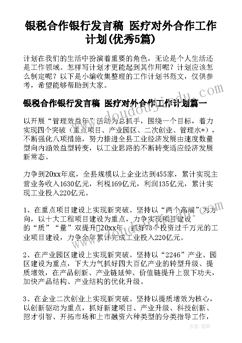 银税合作银行发言稿 医疗对外合作工作计划(优秀5篇)