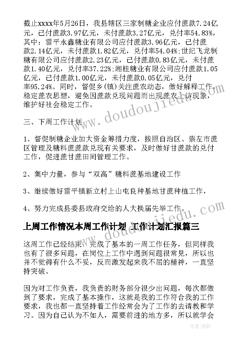 最新上周工作情况本周工作计划 工作计划汇报(模板8篇)