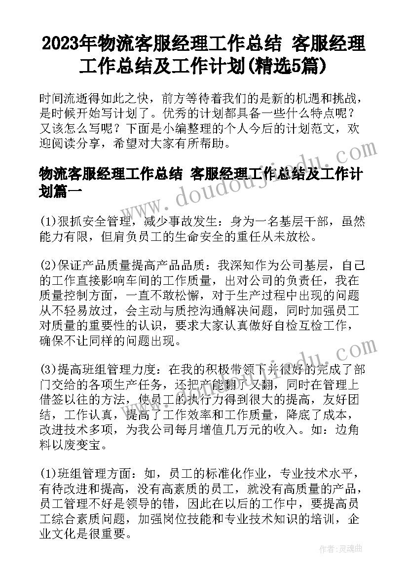 2023年物流客服经理工作总结 客服经理工作总结及工作计划(精选5篇)