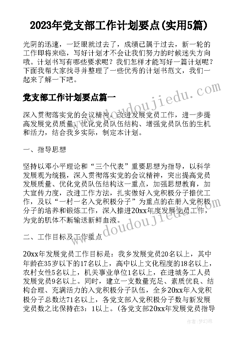 2023年党支部工作计划要点(实用5篇)