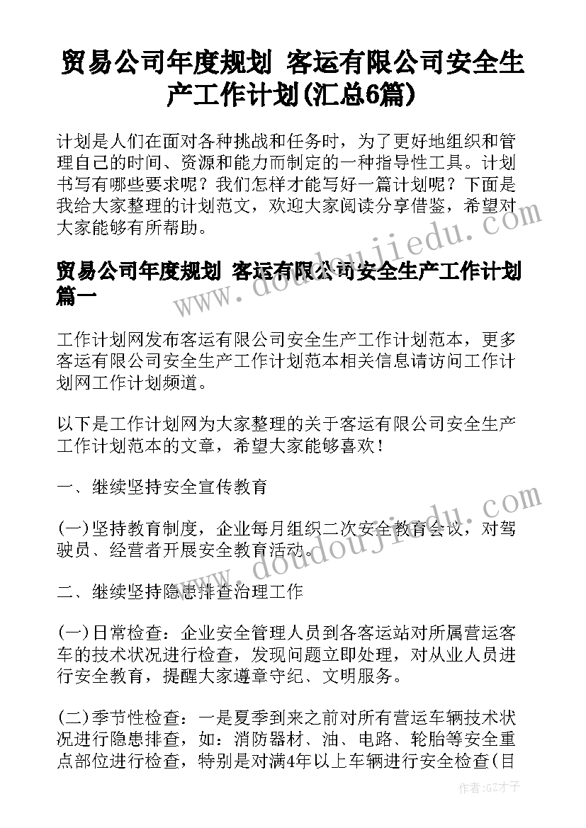 贸易公司年度规划 客运有限公司安全生产工作计划(汇总6篇)