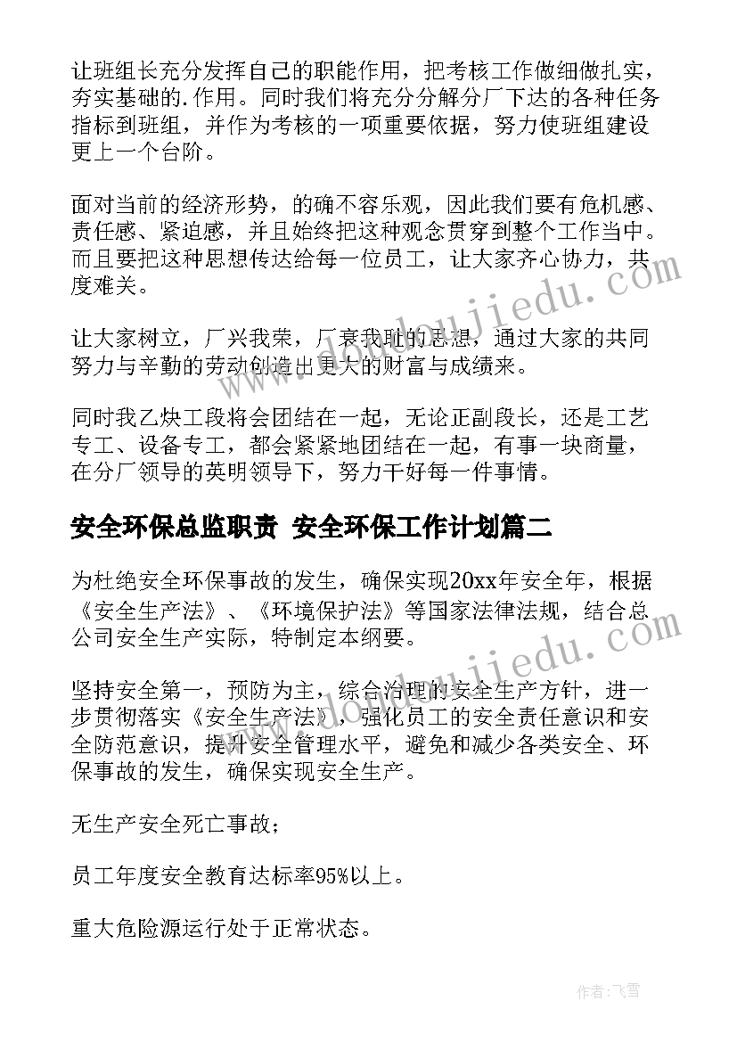 安全环保总监职责 安全环保工作计划(通用7篇)