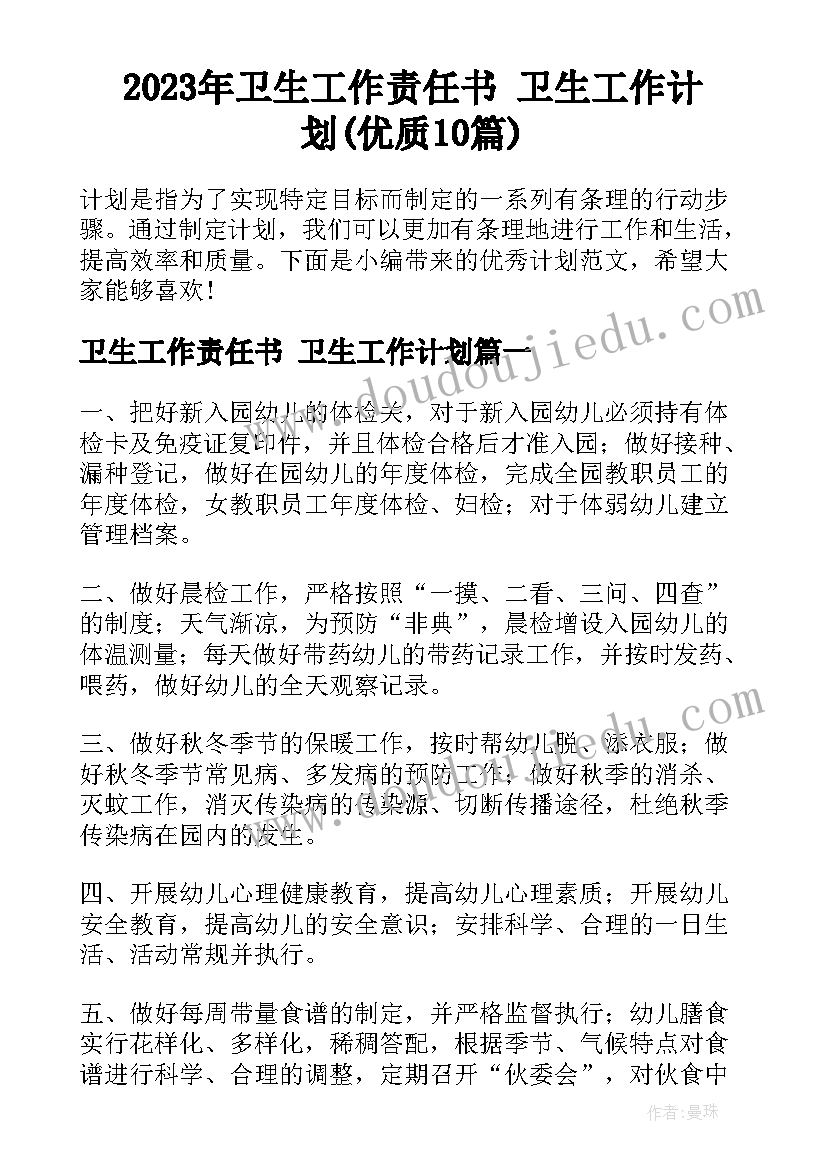 2023年卫生工作责任书 卫生工作计划(优质10篇)