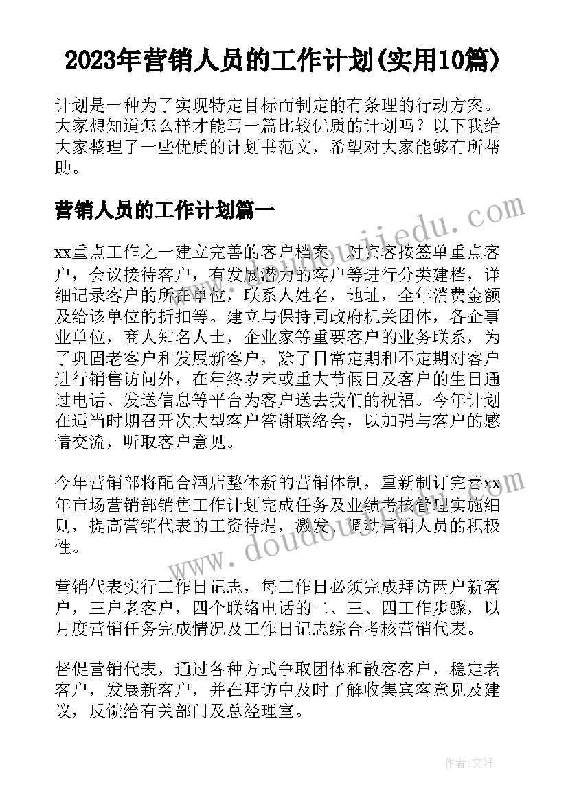 2023年营销人员的工作计划(实用10篇)