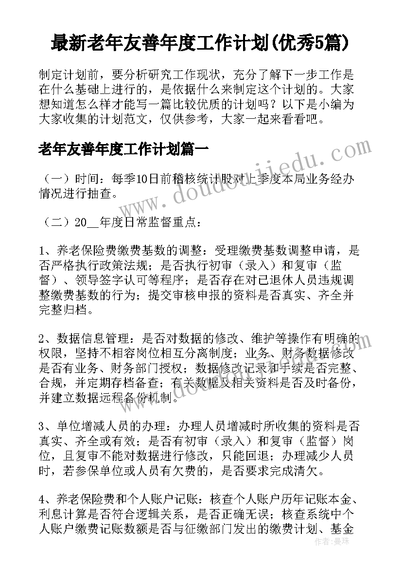 最新老年友善年度工作计划(优秀5篇)