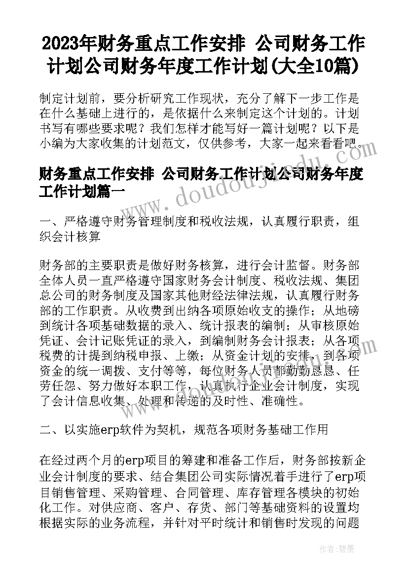 2023年财务重点工作安排 公司财务工作计划公司财务年度工作计划(大全10篇)