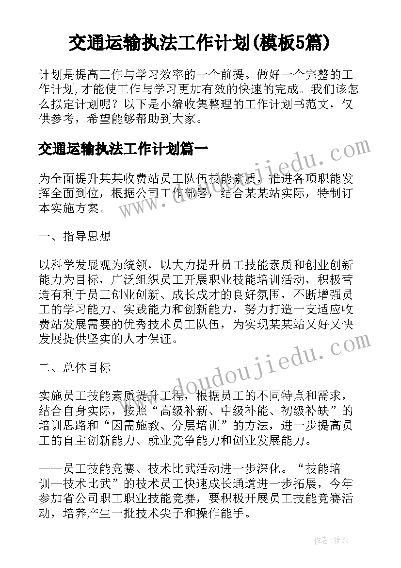 交通运输执法工作计划(模板5篇)