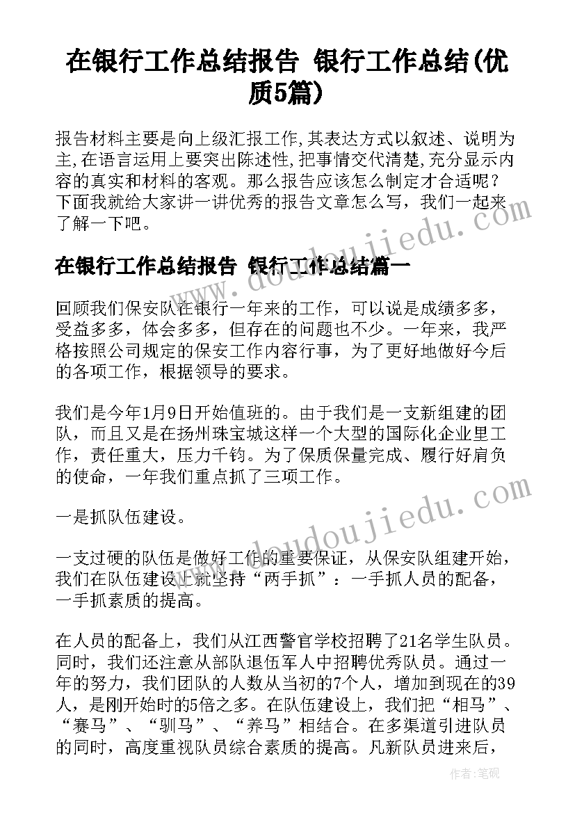 在银行工作总结报告 银行工作总结(优质5篇)