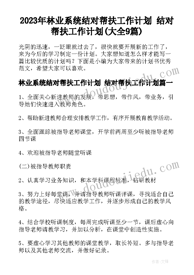 2023年林业系统结对帮扶工作计划 结对帮扶工作计划(大全9篇)