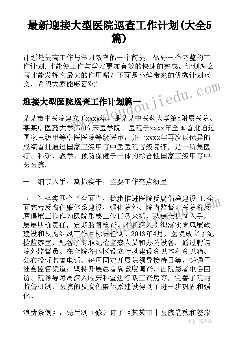 最新迎接大型医院巡查工作计划(大全5篇)