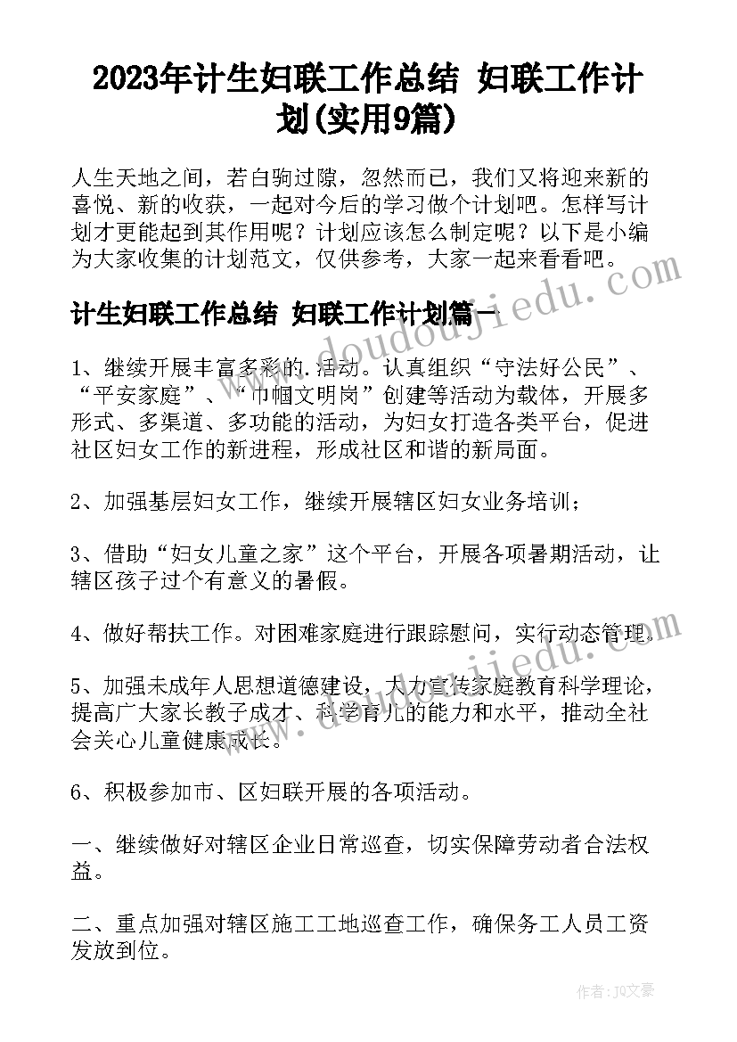 2023年计生妇联工作总结 妇联工作计划(实用9篇)