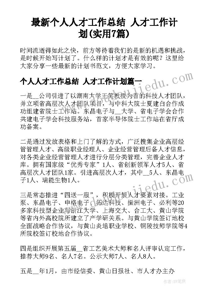 最新个人人才工作总结 人才工作计划(实用7篇)