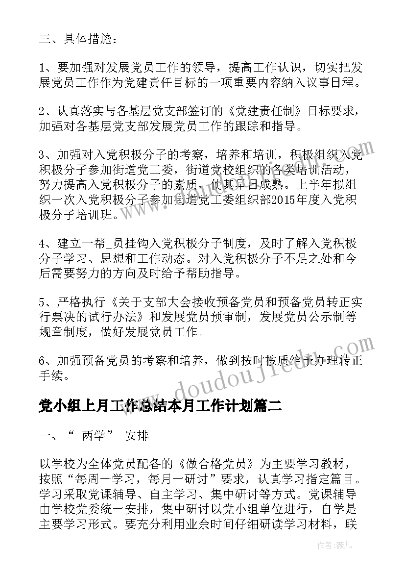 最新党小组上月工作总结本月工作计划(汇总5篇)