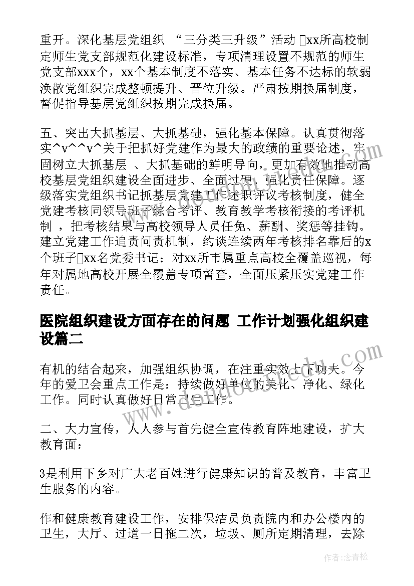 最新医院组织建设方面存在的问题 工作计划强化组织建设(优秀8篇)