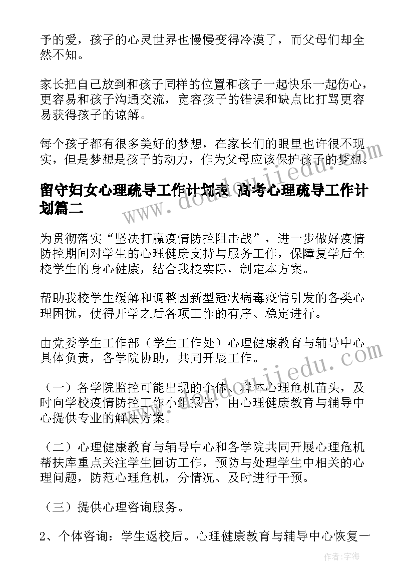 最新留守妇女心理疏导工作计划表 高考心理疏导工作计划(精选5篇)