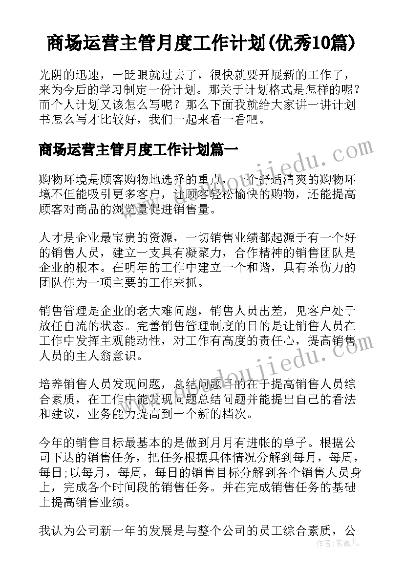 商场运营主管月度工作计划(优秀10篇)