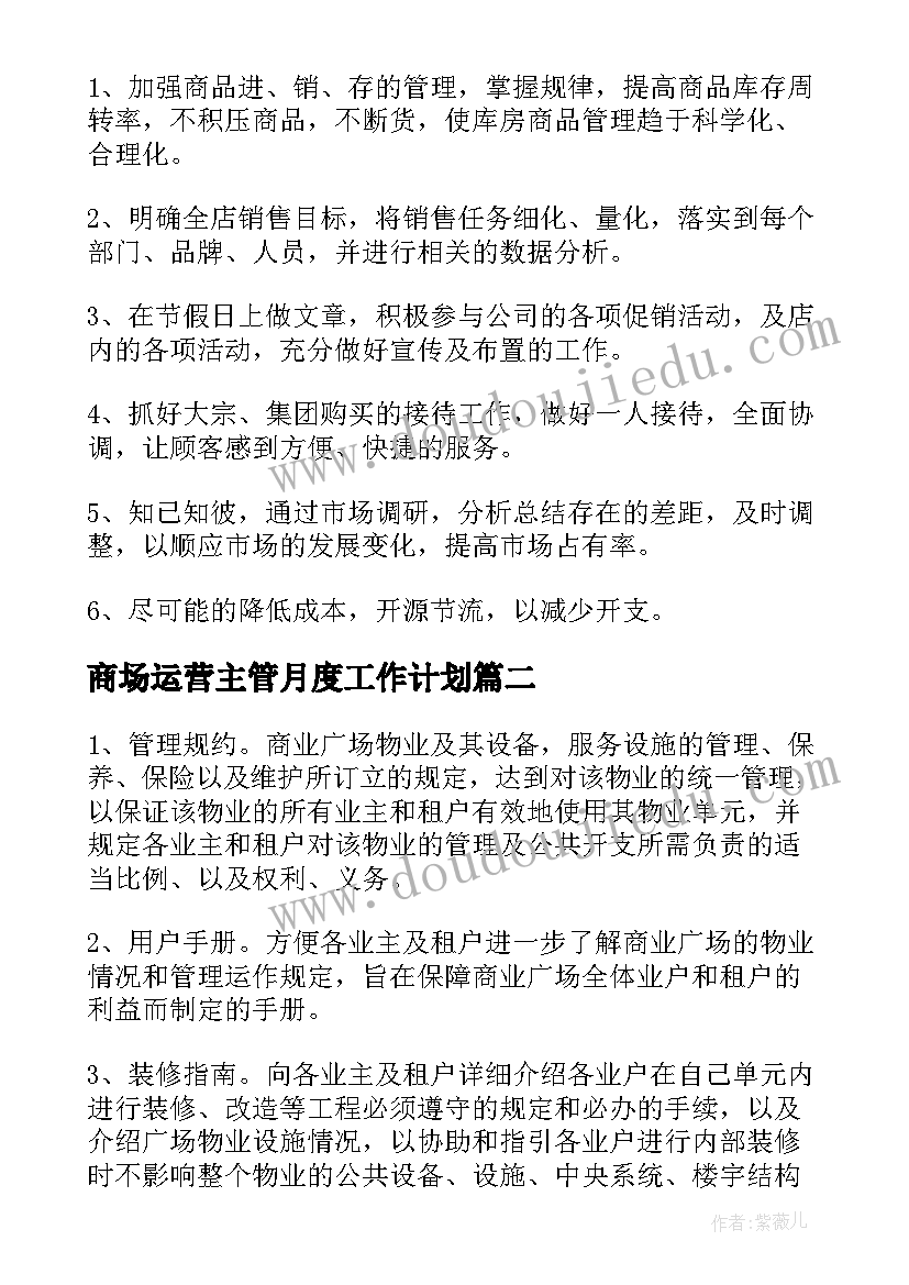 商场运营主管月度工作计划(优秀10篇)