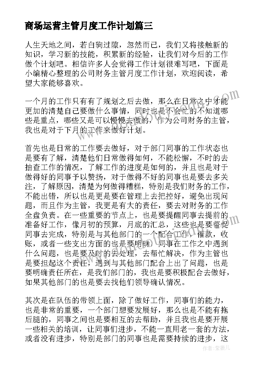 商场运营主管月度工作计划(优秀10篇)