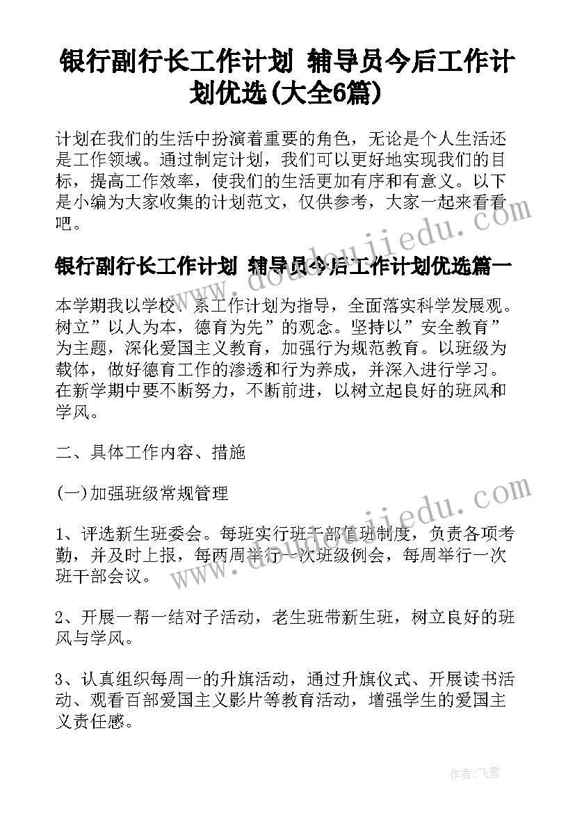 银行副行长工作计划 辅导员今后工作计划优选(大全6篇)