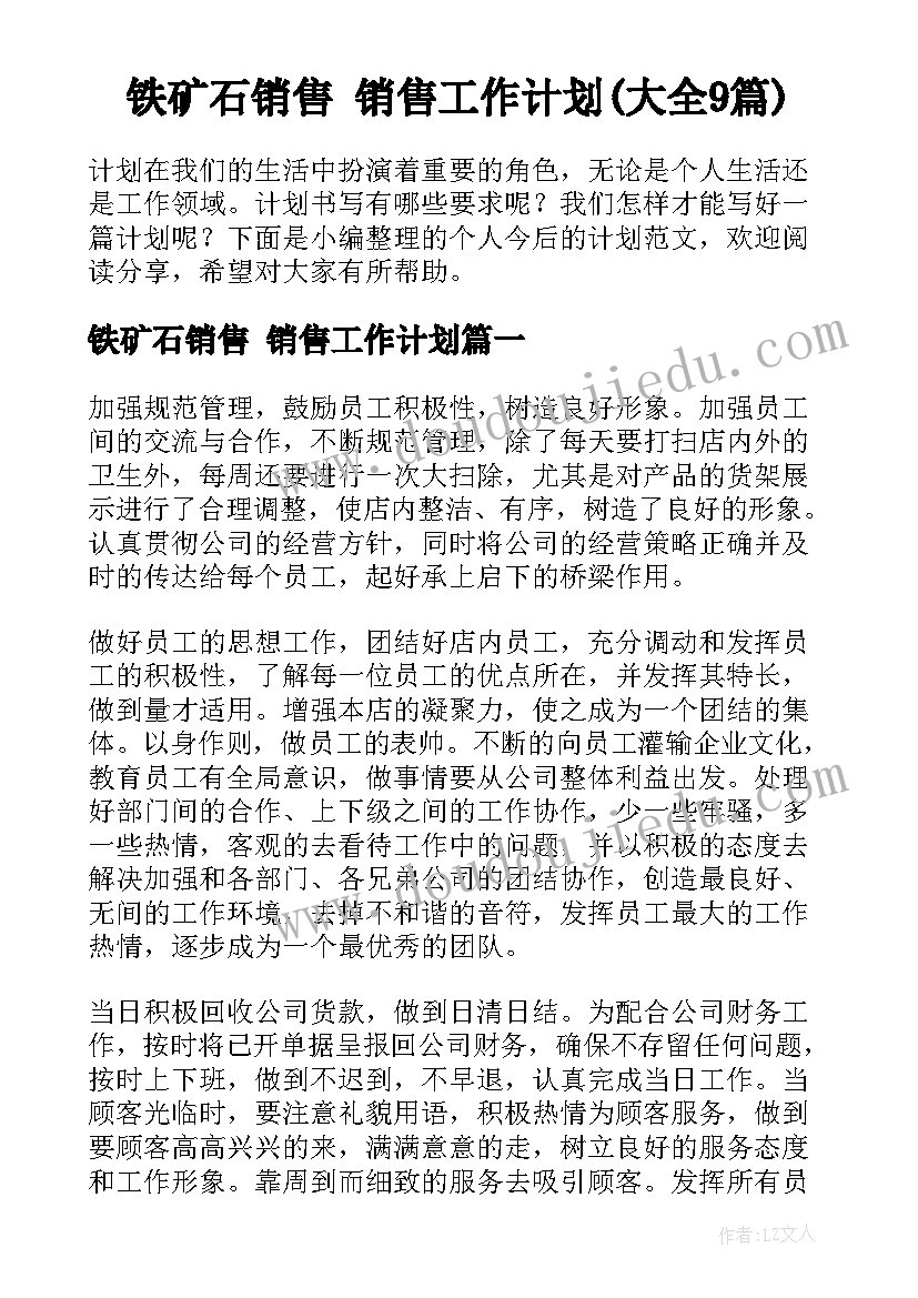 铁矿石销售 销售工作计划(大全9篇)