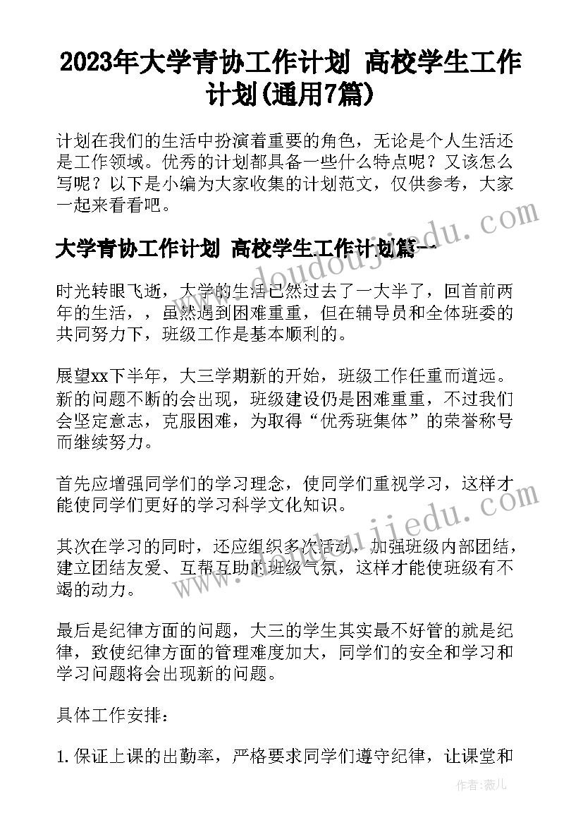 2023年大学青协工作计划 高校学生工作计划(通用7篇)