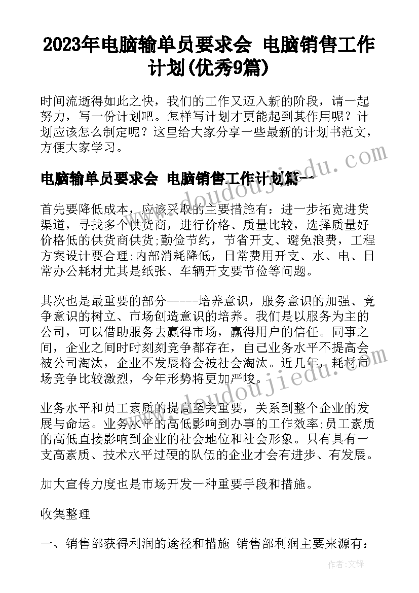 2023年电脑输单员要求会 电脑销售工作计划(优秀9篇)