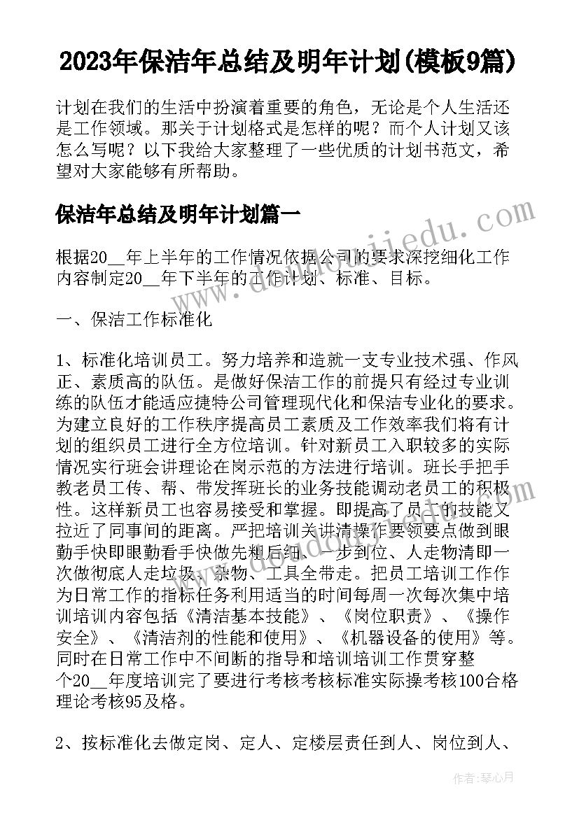 2023年保洁年总结及明年计划(模板9篇)