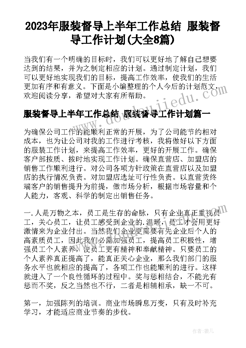 2023年服装督导上半年工作总结 服装督导工作计划(大全8篇)