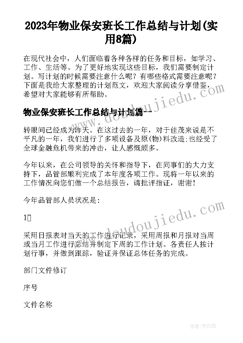 2023年物业保安班长工作总结与计划(实用8篇)