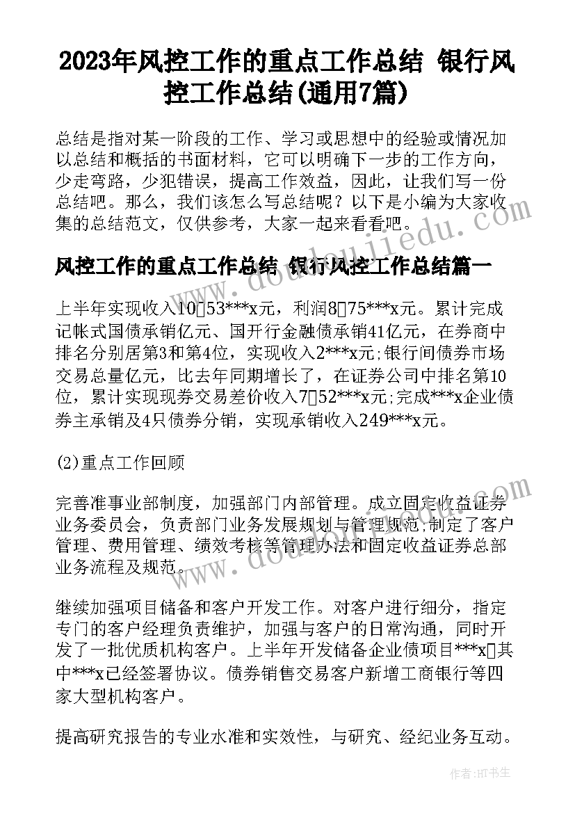 2023年风控工作的重点工作总结 银行风控工作总结(通用7篇)