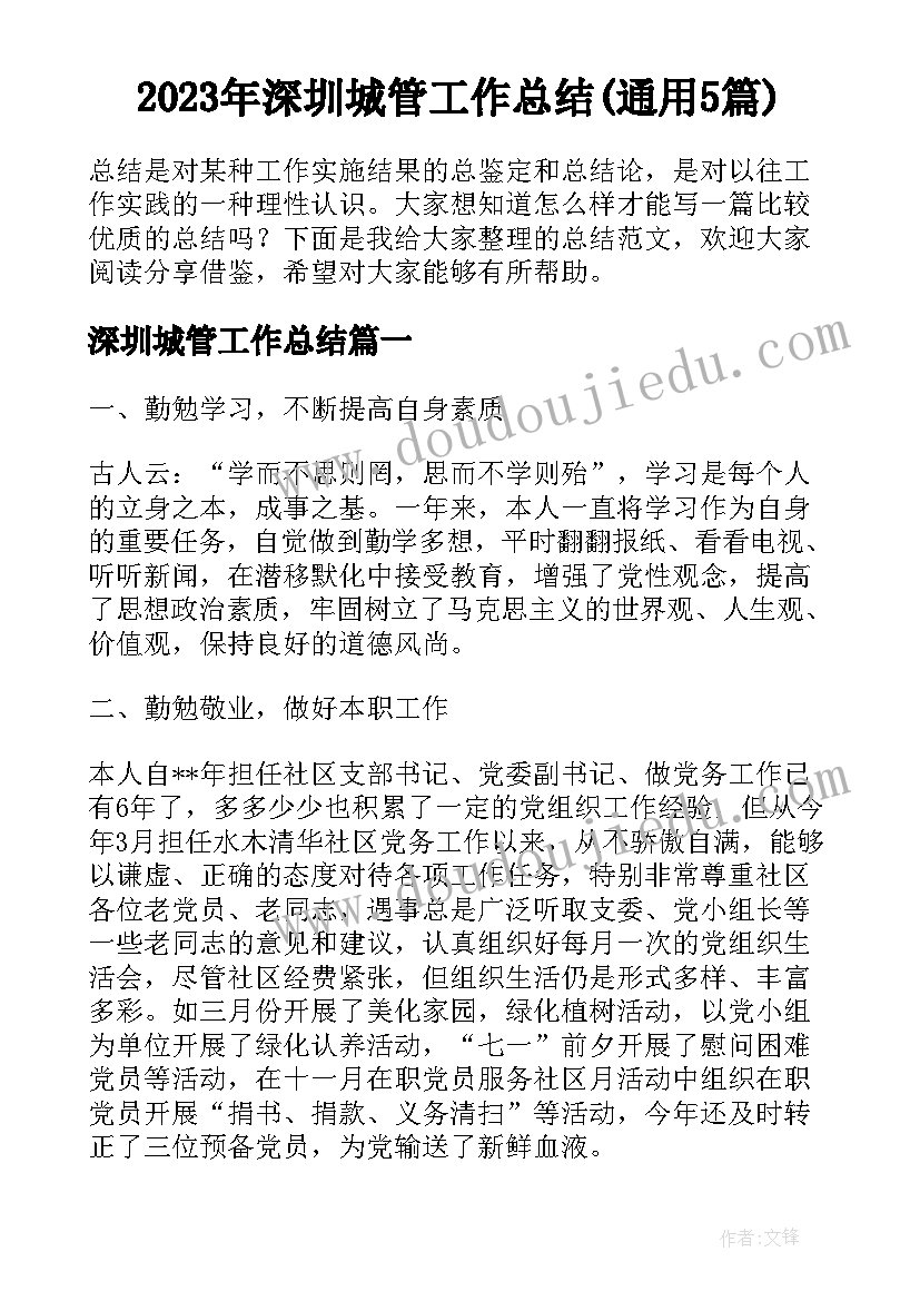 2023年深圳城管工作总结(通用5篇)