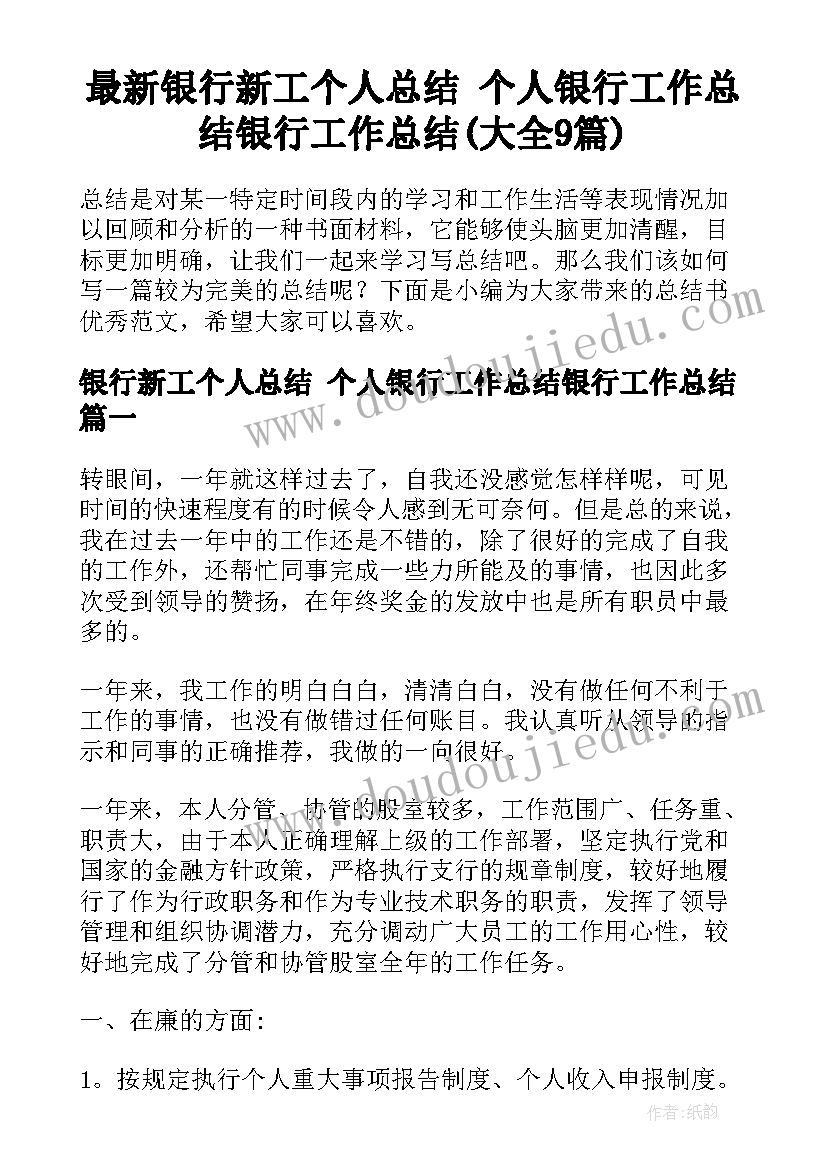 最新银行新工个人总结 个人银行工作总结银行工作总结(大全9篇)