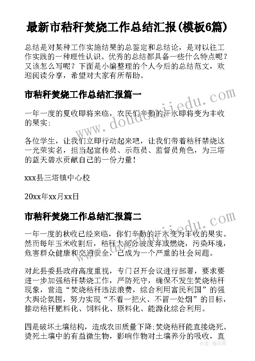 最新市秸秆焚烧工作总结汇报(模板6篇)