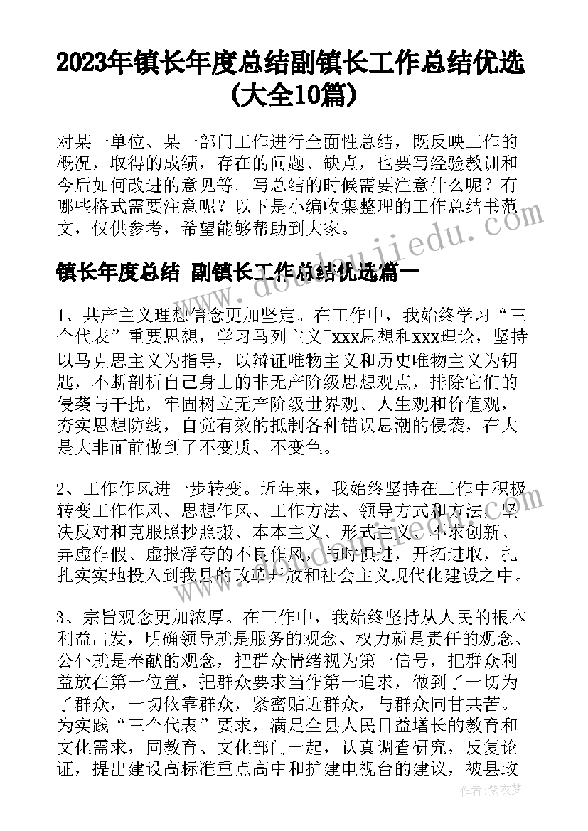 2023年镇长年度总结 副镇长工作总结优选(大全10篇)