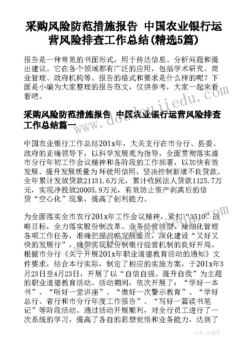 采购风险防范措施报告 中国农业银行运营风险排查工作总结(精选5篇)