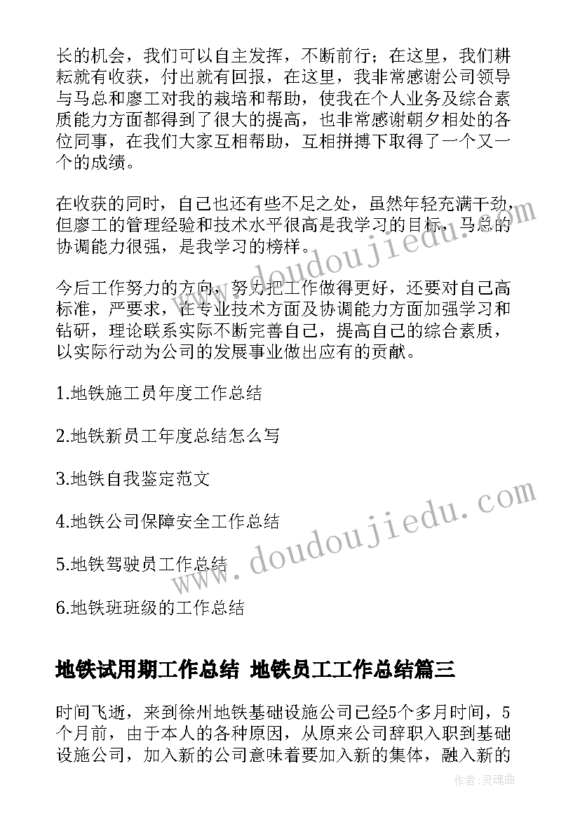 2023年地铁试用期工作总结 地铁员工工作总结(大全8篇)