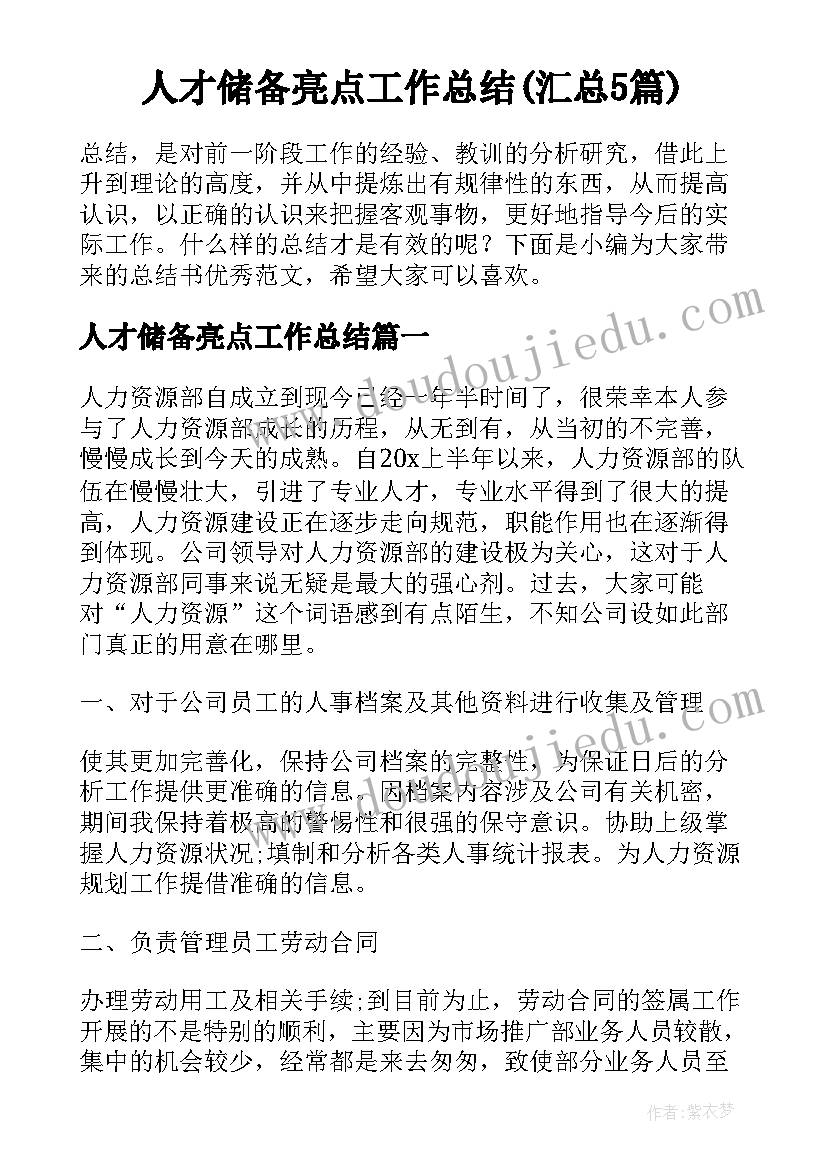 人才储备亮点工作总结(汇总5篇)