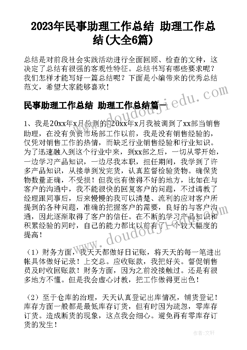 2023年民事助理工作总结 助理工作总结(大全6篇)