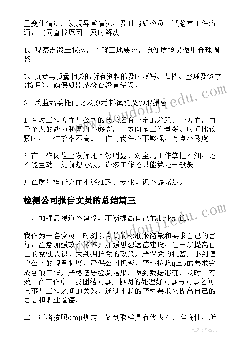 检测公司报告文员的总结(优秀10篇)