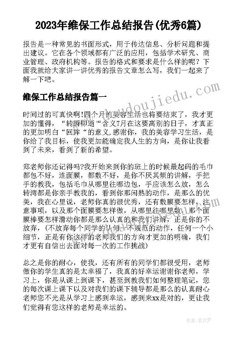 2023年维保工作总结报告(优秀6篇)