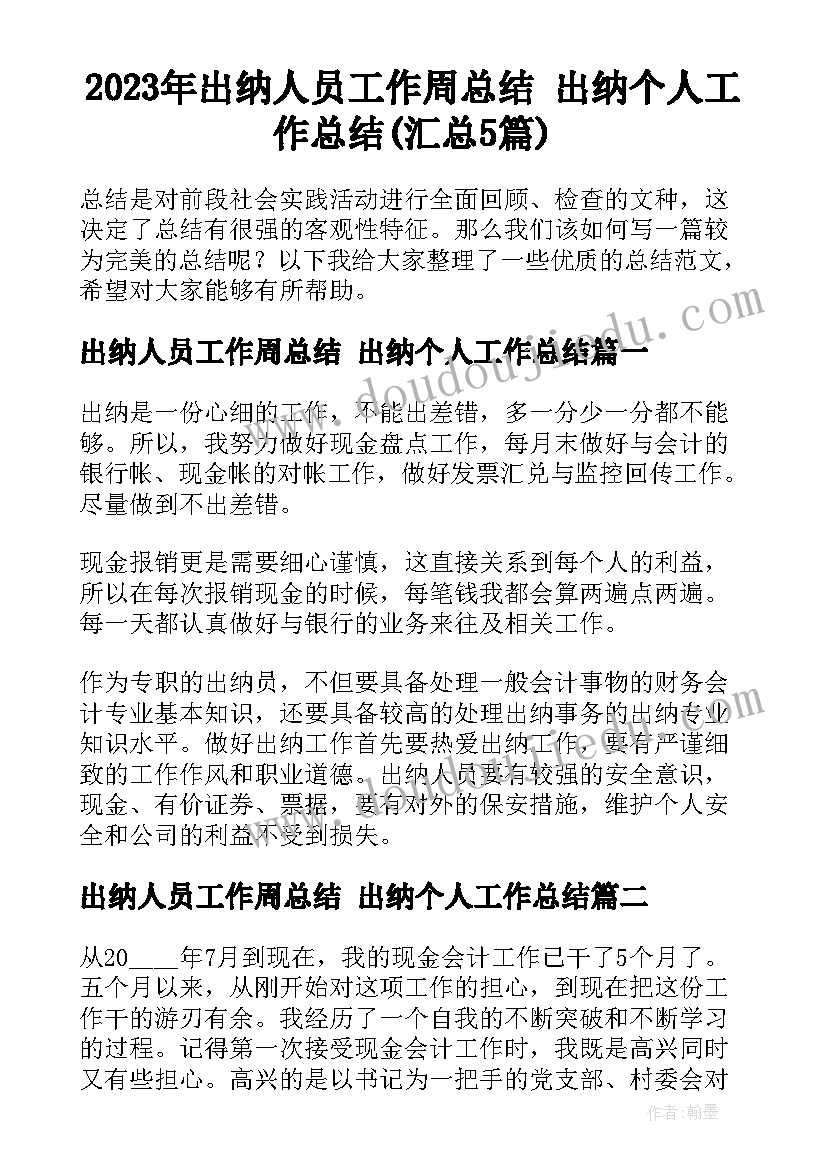 2023年出纳人员工作周总结 出纳个人工作总结(汇总5篇)