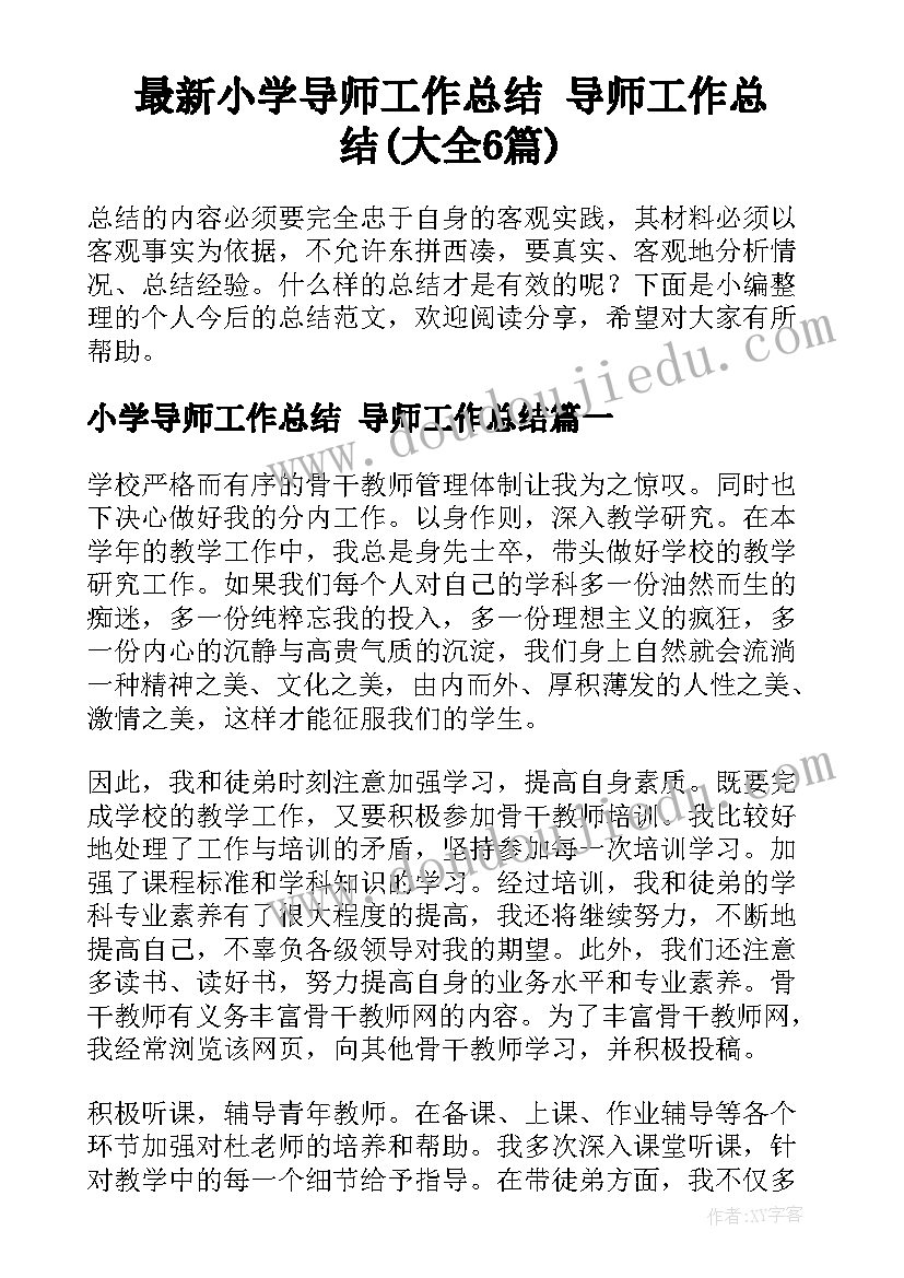 最新小学导师工作总结 导师工作总结(大全6篇)