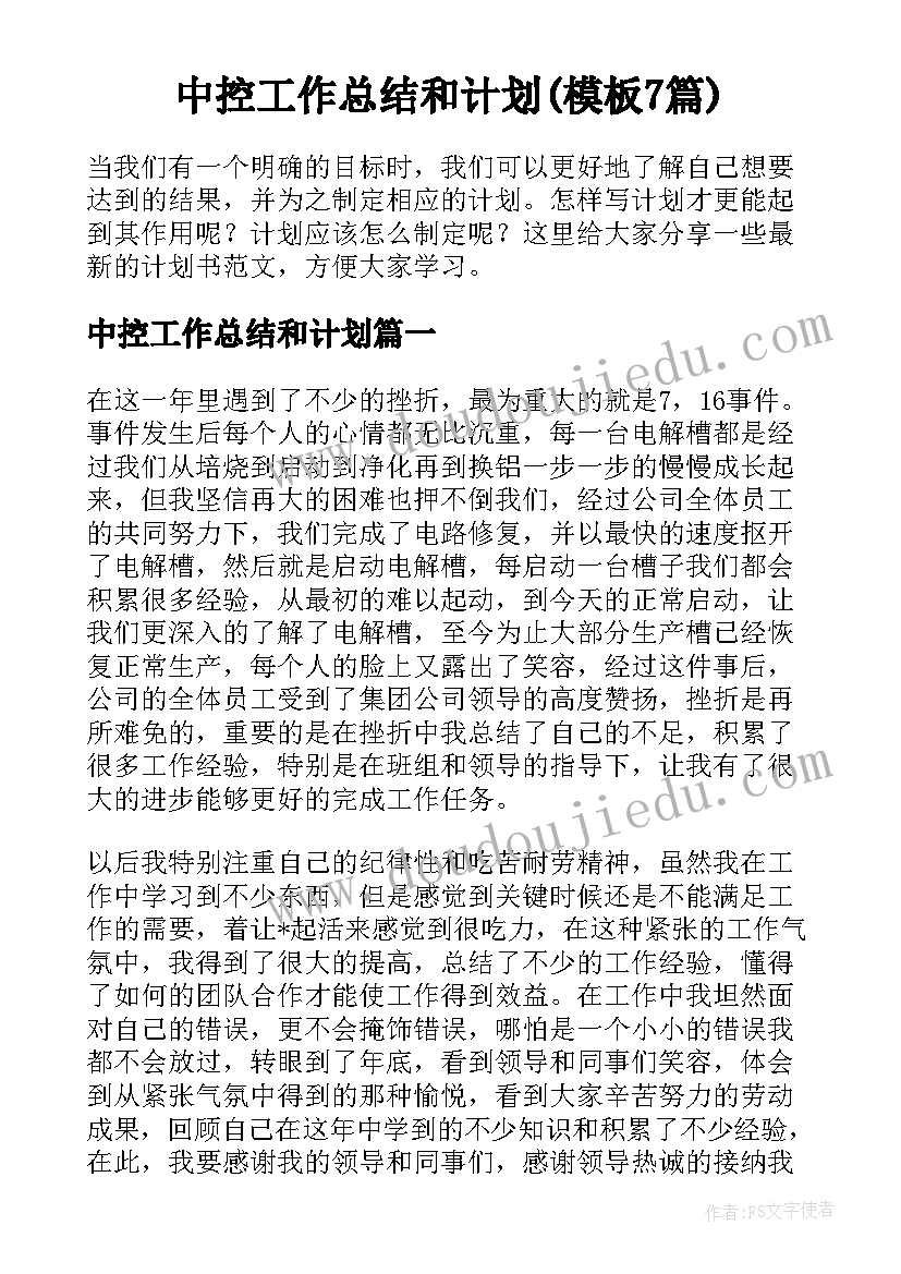 中控工作总结和计划(模板7篇)