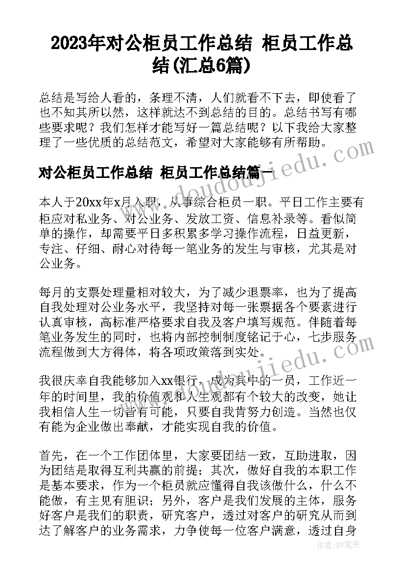 2023年对公柜员工作总结 柜员工作总结(汇总6篇)