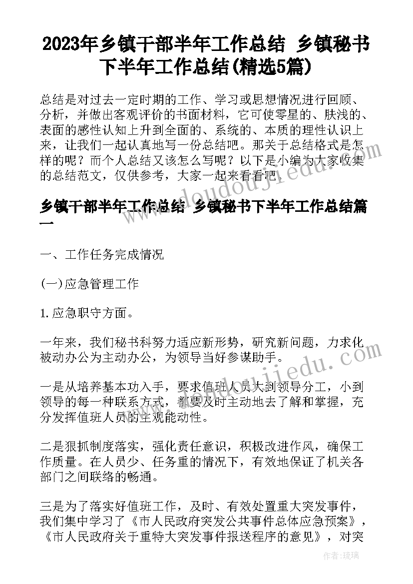 2023年乡镇干部半年工作总结 乡镇秘书下半年工作总结(精选5篇)