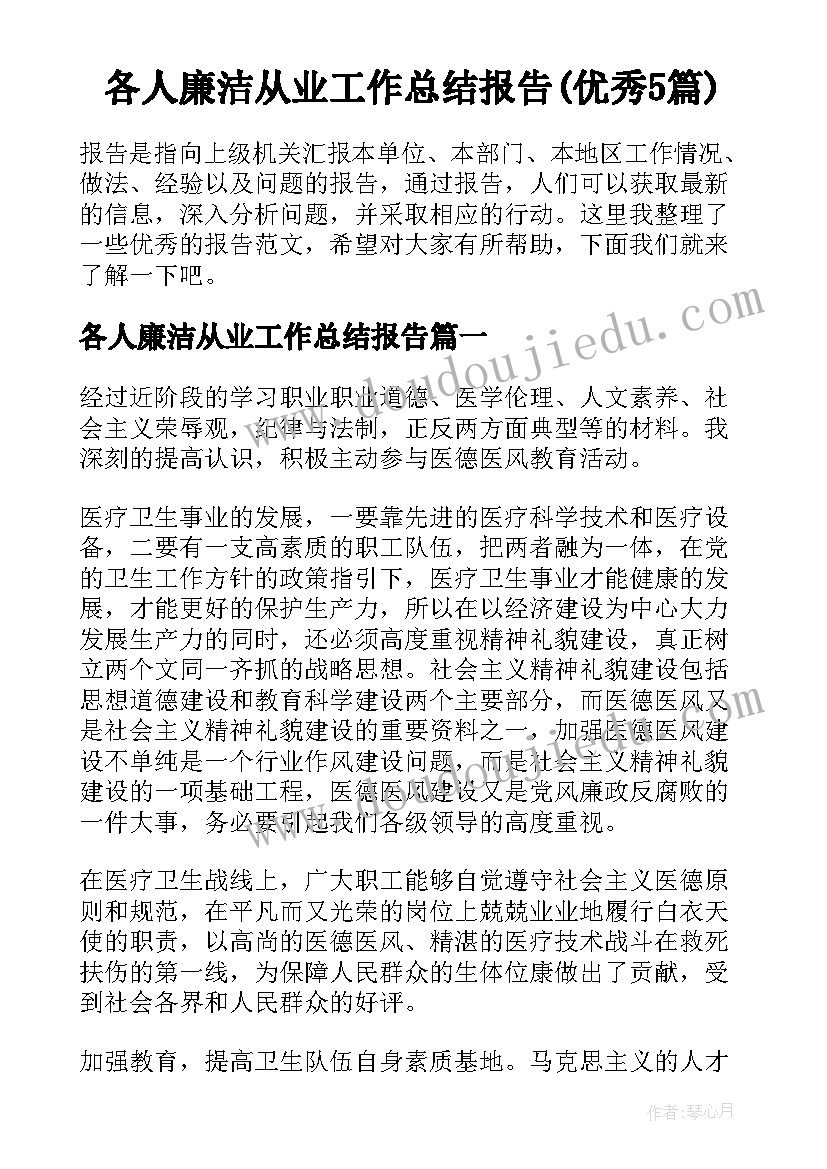 各人廉洁从业工作总结报告(优秀5篇)